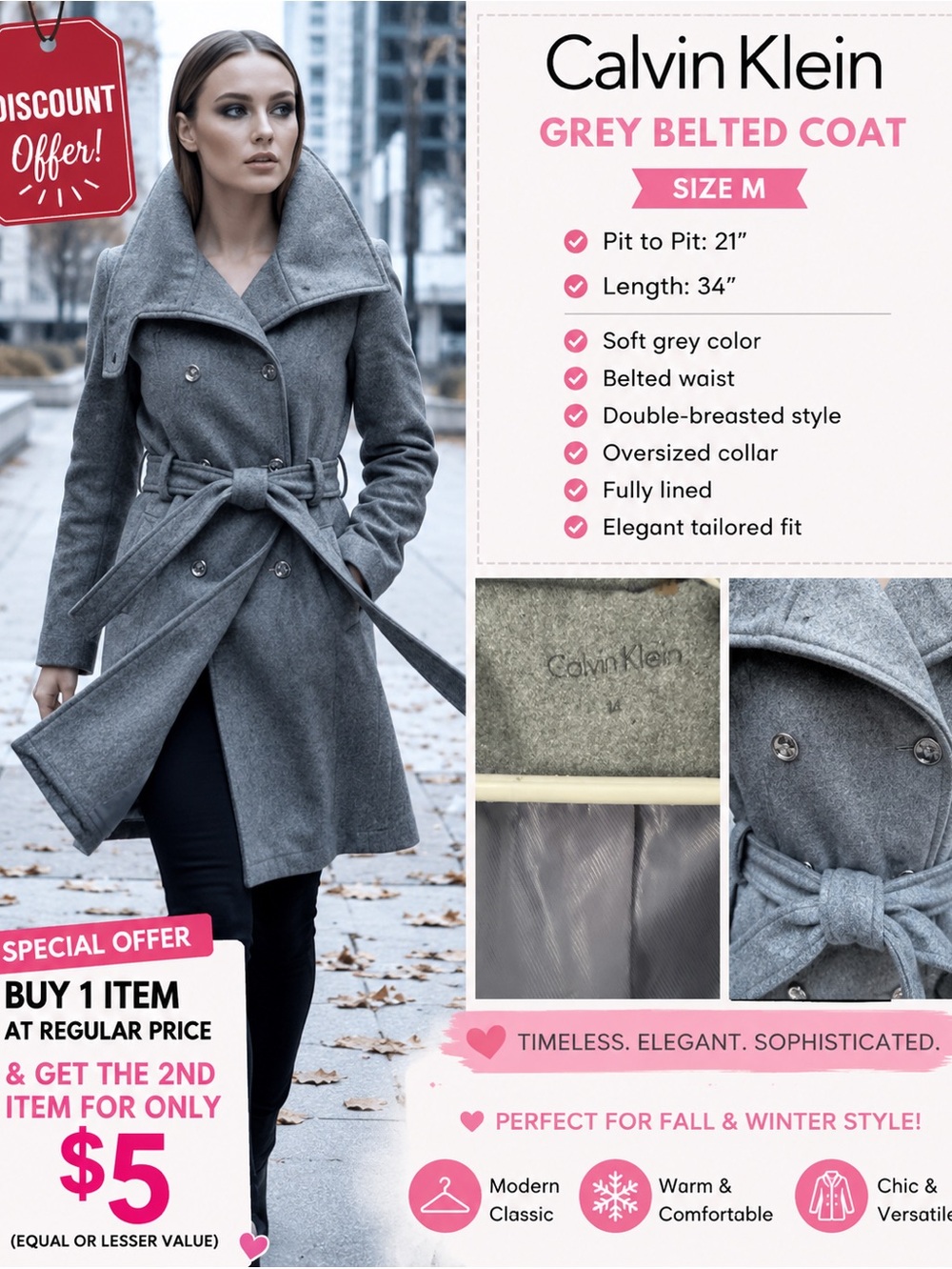 Calvin Klein Grey Belted Wool Blend Coat Size 14 Elegant Long Coat